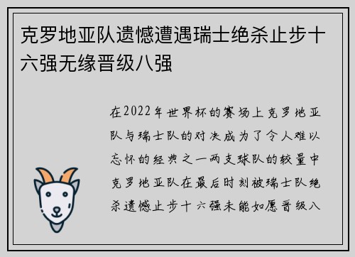 克罗地亚队遗憾遭遇瑞士绝杀止步十六强无缘晋级八强
