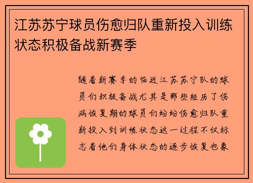 江苏苏宁球员伤愈归队重新投入训练状态积极备战新赛季
