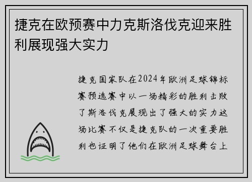 捷克在欧预赛中力克斯洛伐克迎来胜利展现强大实力